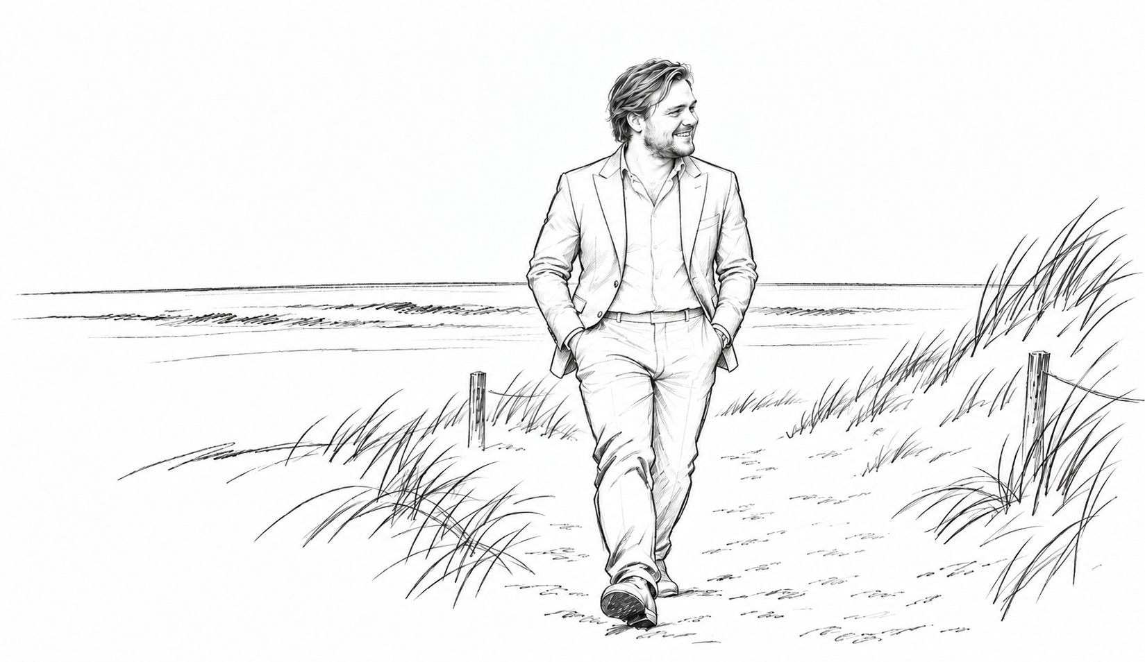 Potloodillustratie van Kristof Declercq in kostuum, wandelend langs de Belgische kust